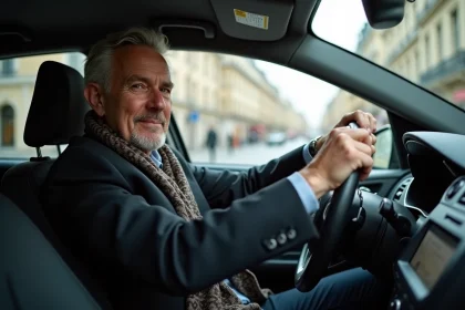 Taxi parisien avec chauffeur homme souriant et d&eacute;tendu