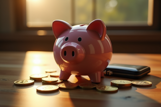 Tirelire cassée avec des cryptomonnaies et portefeuille