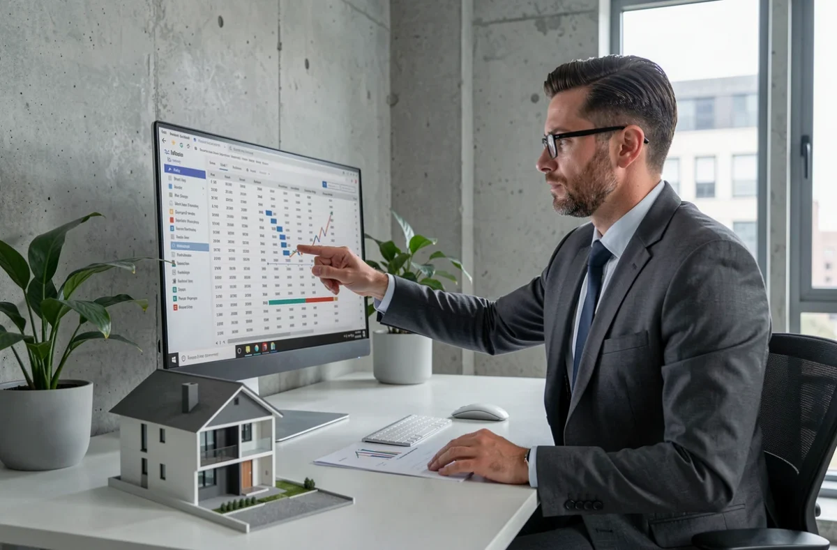 TPCCONSEIL, cabinet de conseil en investissement à Royan, avec un consultant analysant des données financières immobilières sur un écran dans un bureau contemporain
