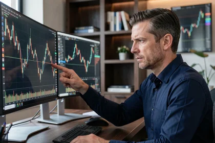 Trader analysant un pattern double bottom sur plusieurs écrans dans un bureau à domicile moderne