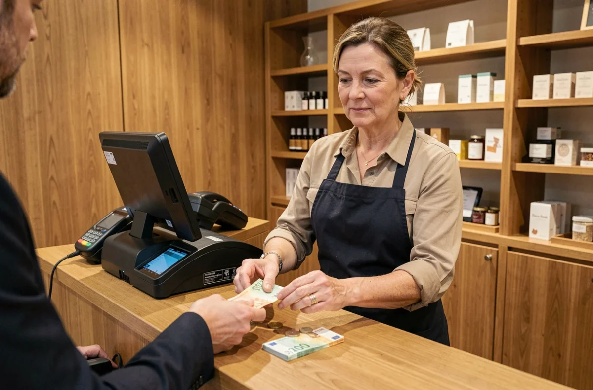 Caissière traitant un paiement comptant en espèces dans une boutique de commerce de détail en France
