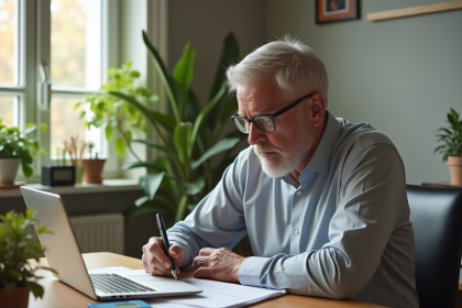 Travailleur indépendant à son bureau en train de revoir ses documents de retraite