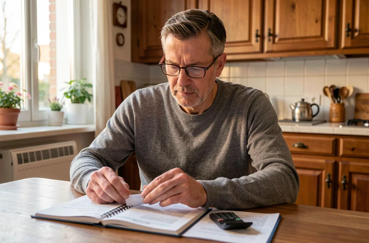 Homme vérifiant son chéquier et ses relevés bancaires avant un paiement différé