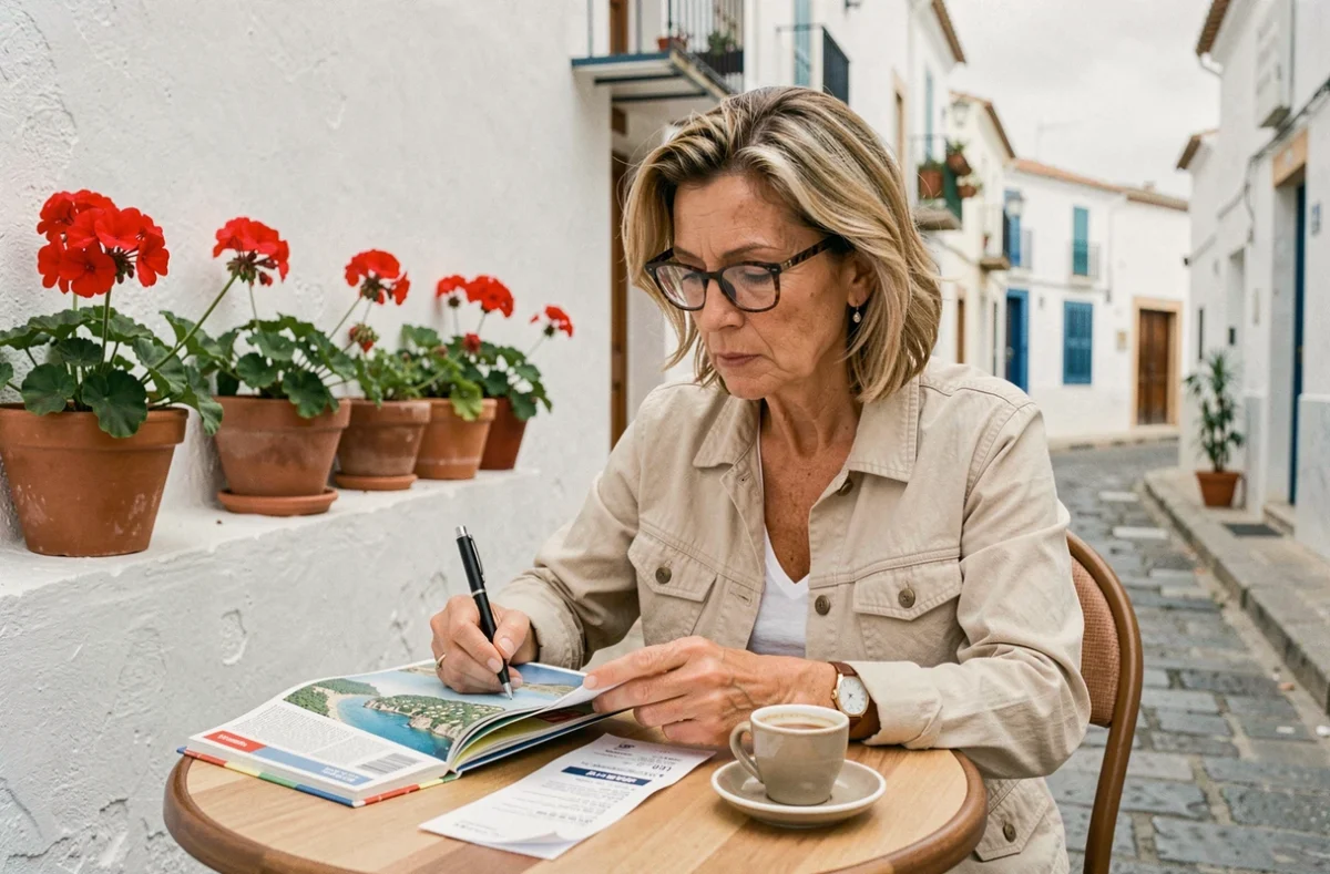 Femme consultant un guide et un reçu de tabac espagnol à une terrasse de café pour vérifier les tarifs avant achat